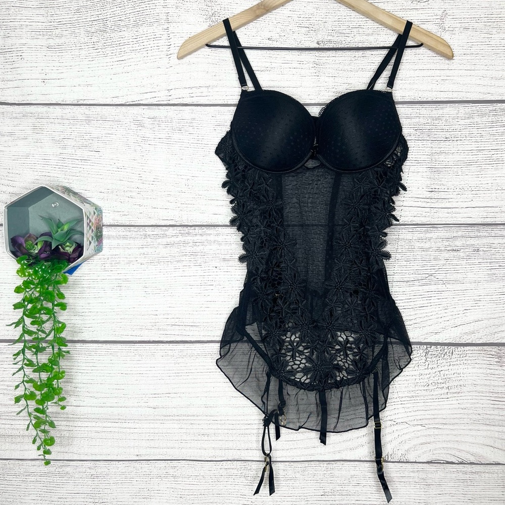 Sheer Black Lace Bustier Lingerie with Floral Appliqué and Garter Straps Size XL